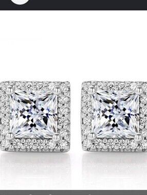 Moissanite 1.0 CTW 925 Silver Princess Cut Halo Stud Earrings, NWT, MSRP $250